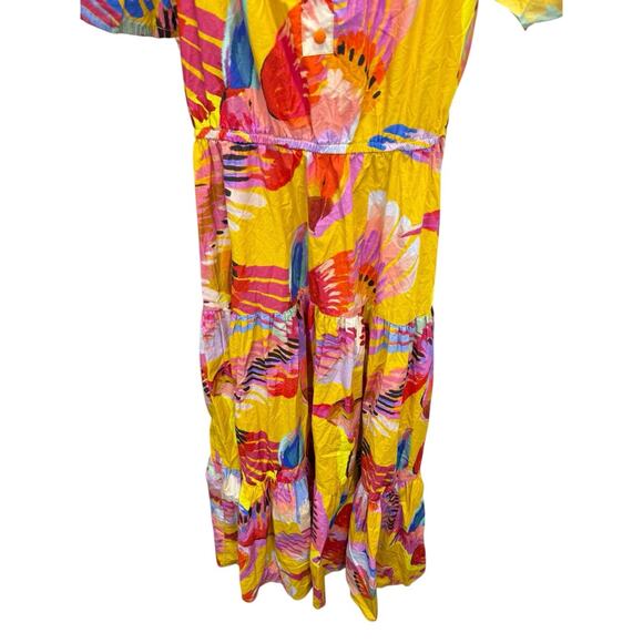 FARM RIO Neon Macaws Puff Sleeve Maxi Dress M Yellow Parrot Print Cotton Belted - Picture 10 of 12